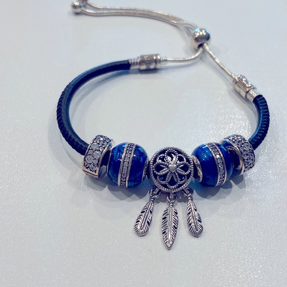 Pandora black leather bolo bracelet with 5 sterling silver charms - Picture 1 of 1